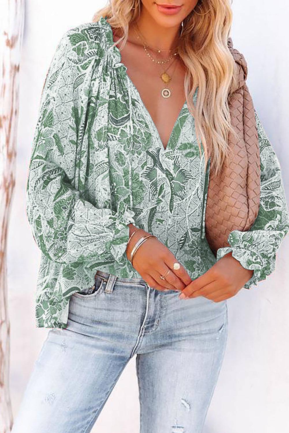 Floral Tie Neck Blouse with Flounce Sleeves | Timeless Style