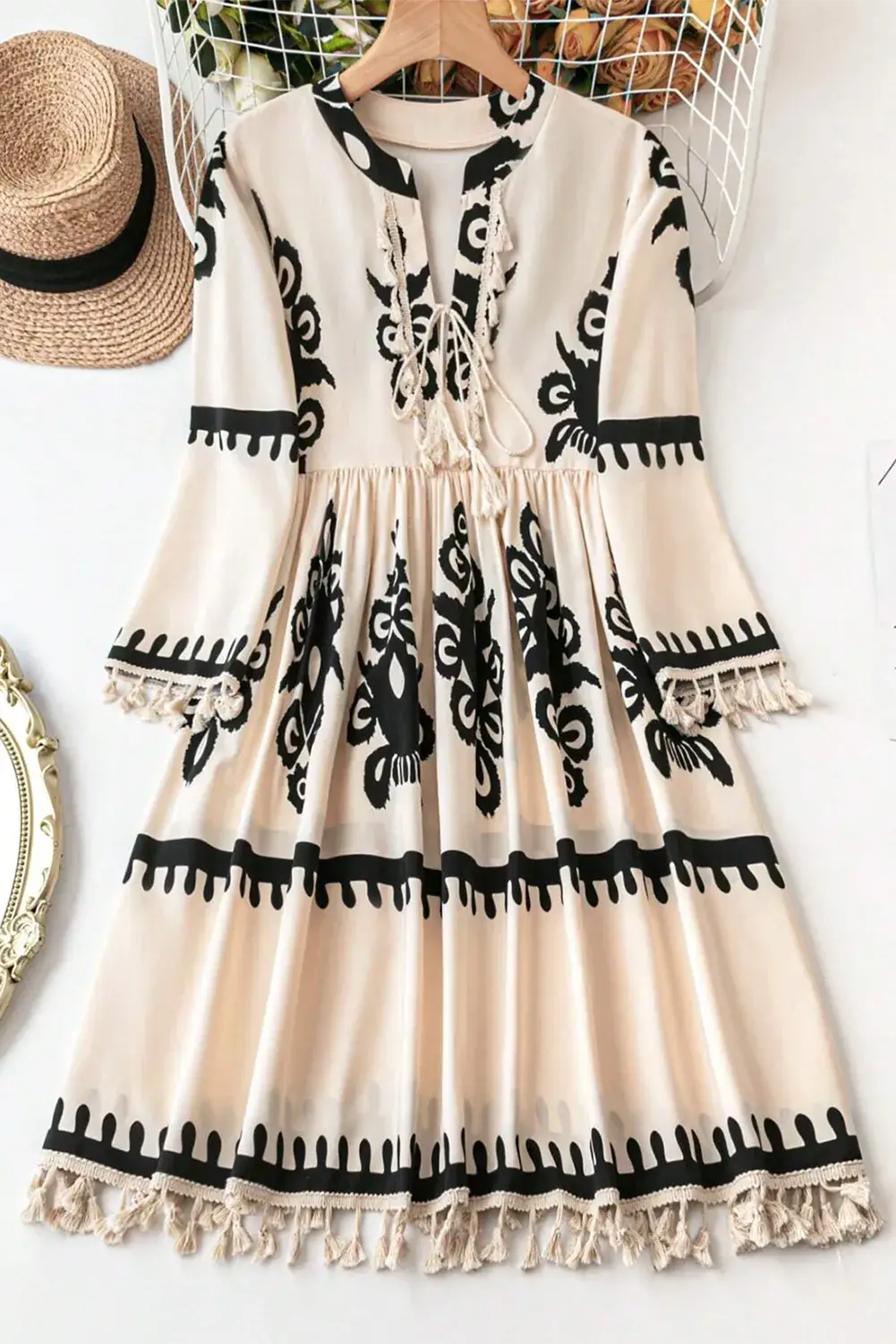 Effortlessly Chic Boho Tassel Mini Dress with Three-Quarter Sleeves