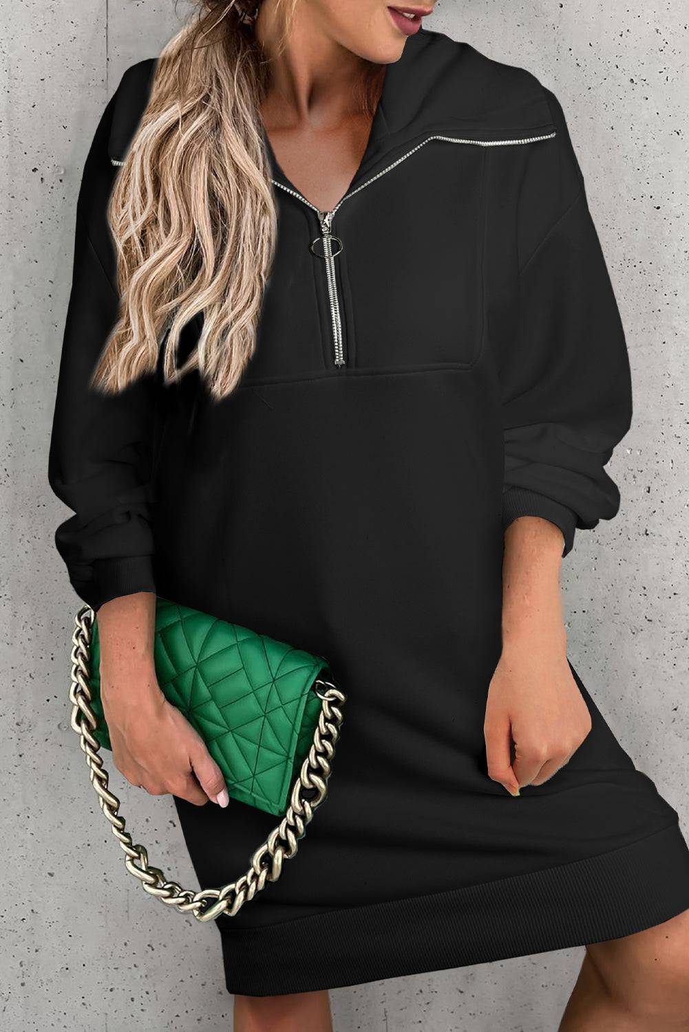 Upgrade your casual style with the Half Zip Sweatshirt Dress, the perfect blend of comfort and chic.