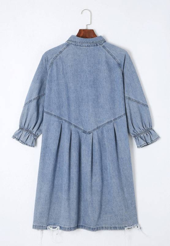 Distressed Denim Dress with Flounce Sleeves | Timeless Casual Elegance