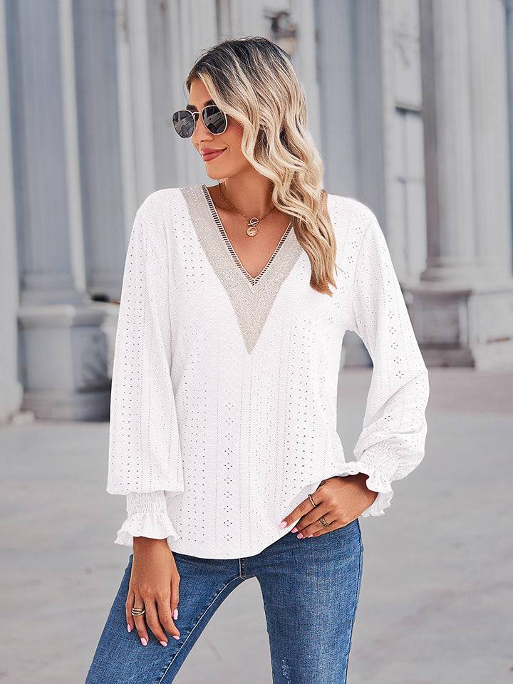 V-Neck Eyelet Blouse | Feminine Elegance with Flounce Sleeves