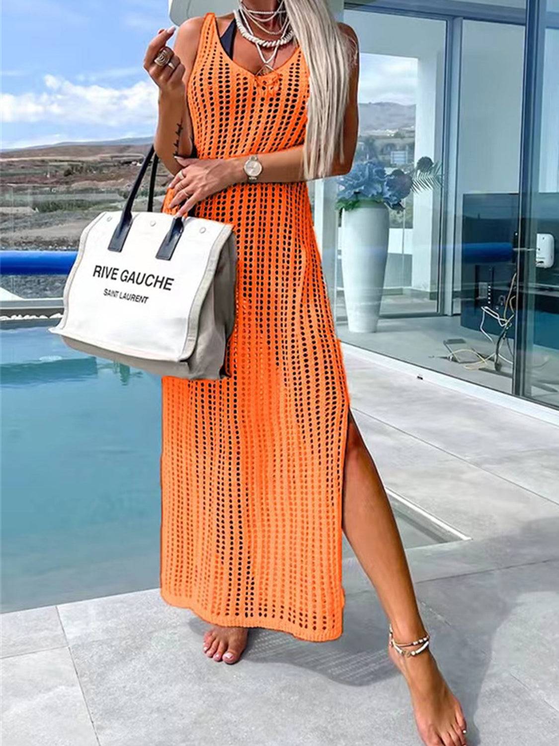 Coastal Glow Mesh Cover Up Dress With Side Slit – Lightweight &amp; Colorful Beachwear