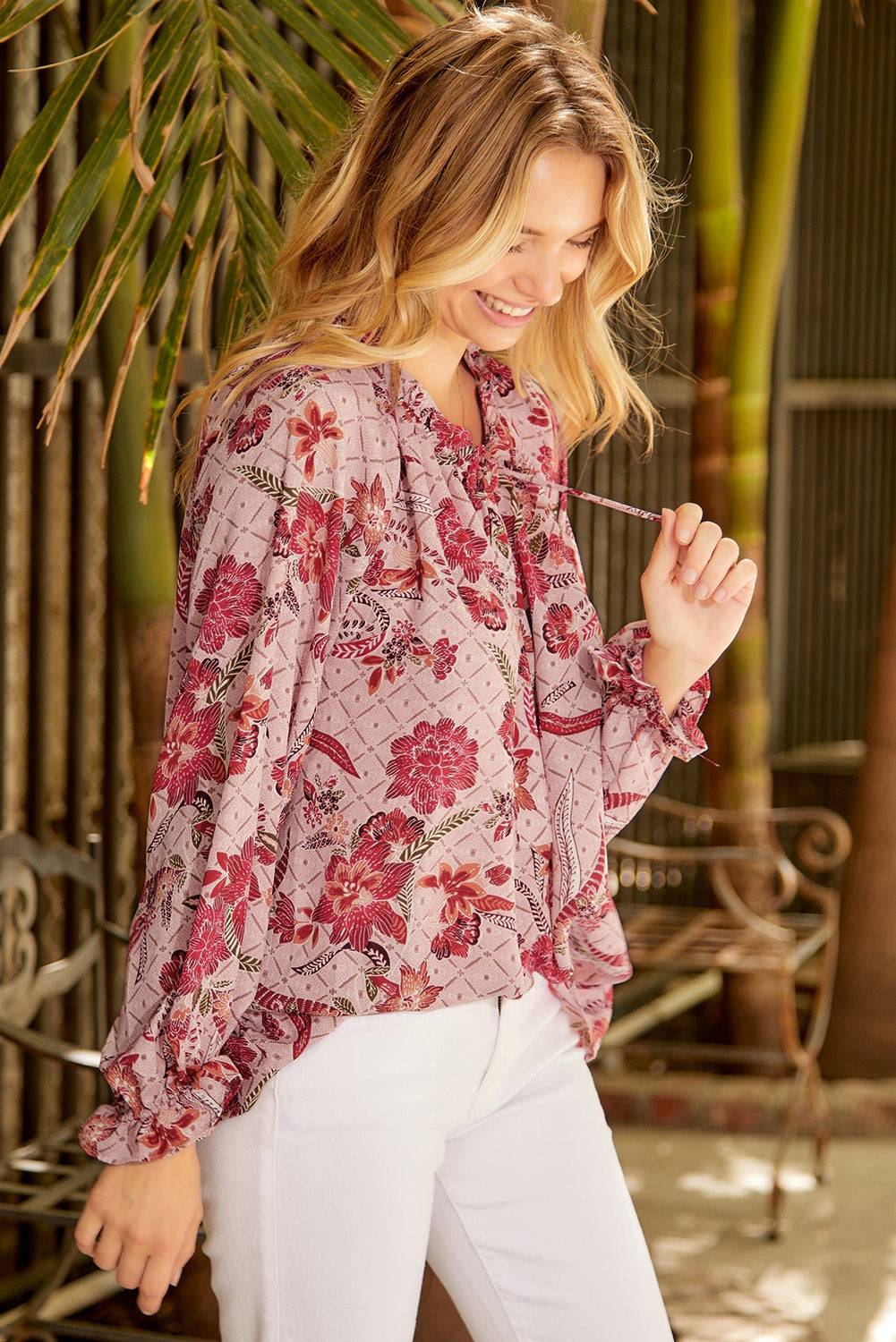 Floral Tie Neck Blouse with Flounce Sleeves | Timeless Style