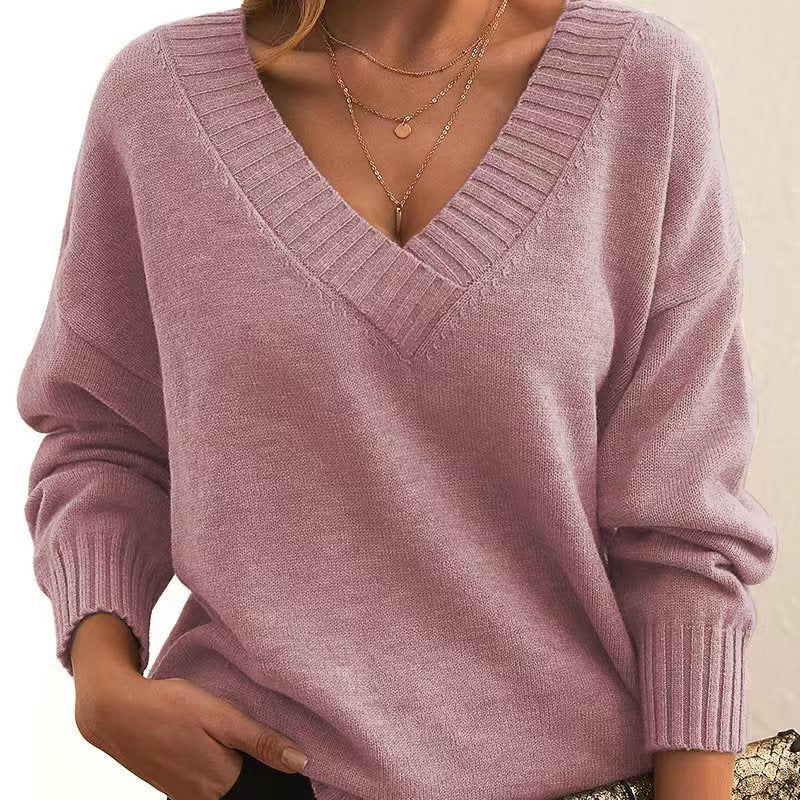 Solid V-neck Sweater Fashion Loose Long-sleeved Knitted Tops Autumn And Winter Women&#39;s Clothing