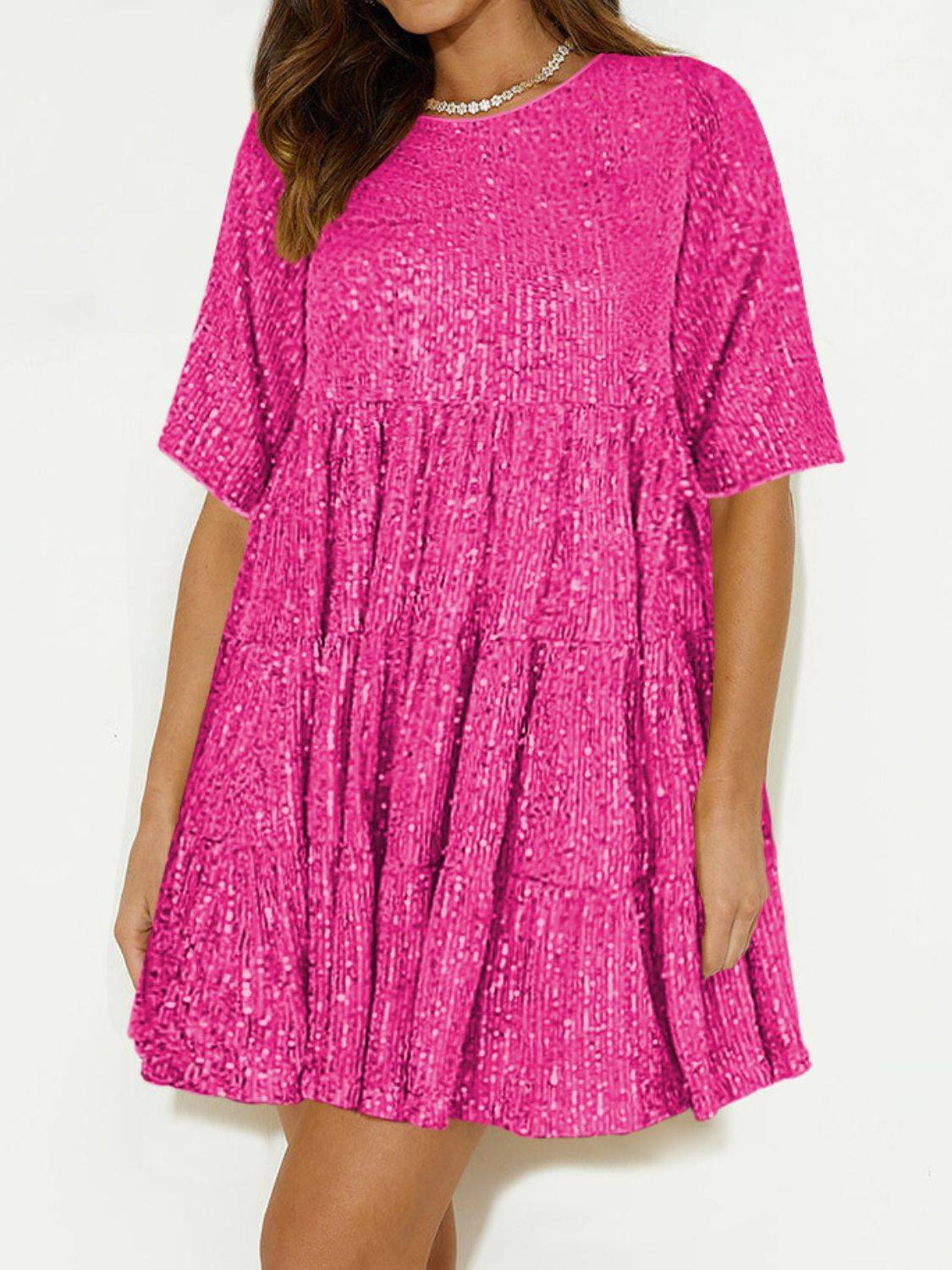 Sequin Mini Dress | Round Neck and Half Sleeve Sparkle Dress