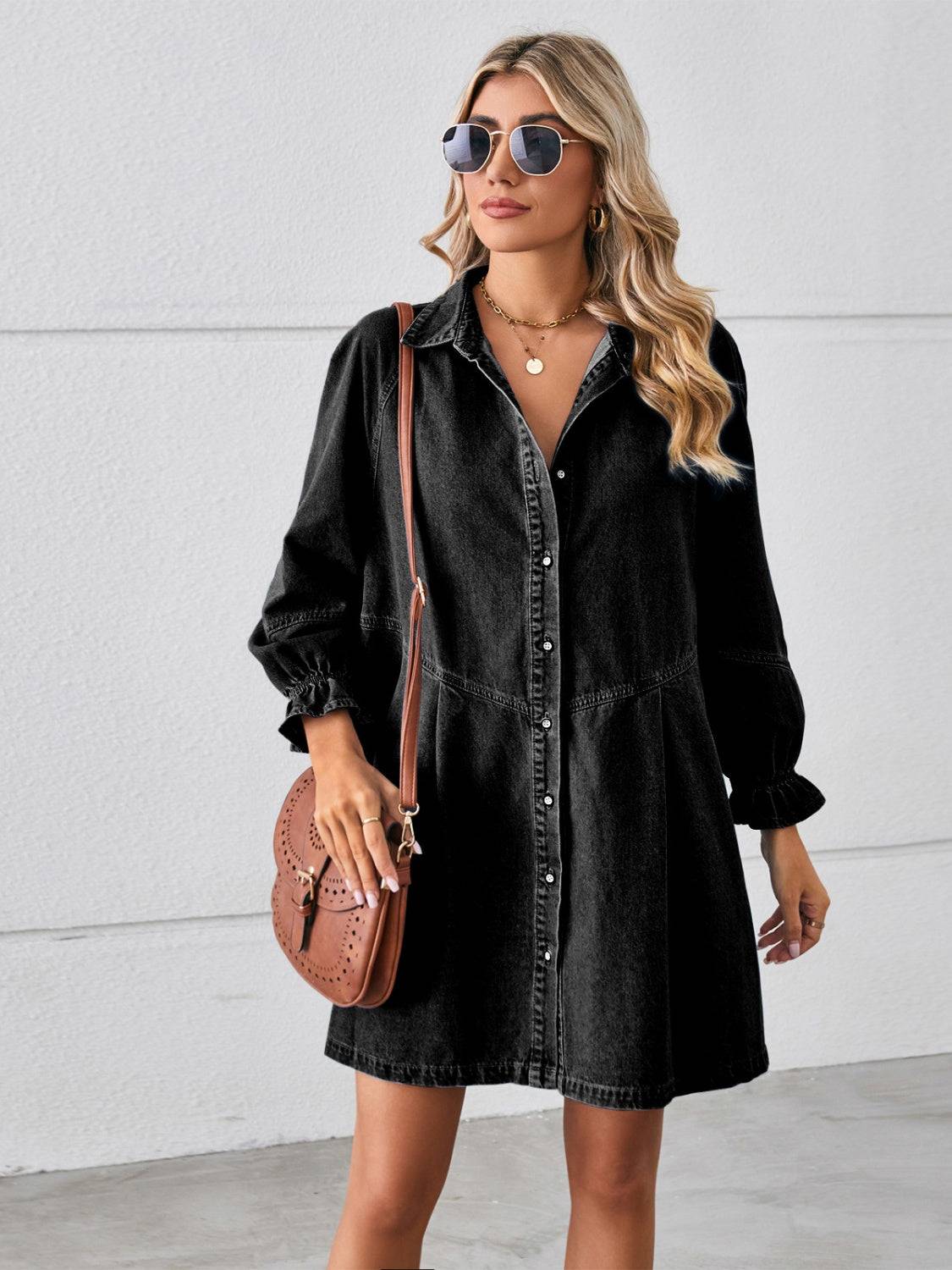 Classic Flounce Sleeve Denim Mini Dress with Button-Up Front