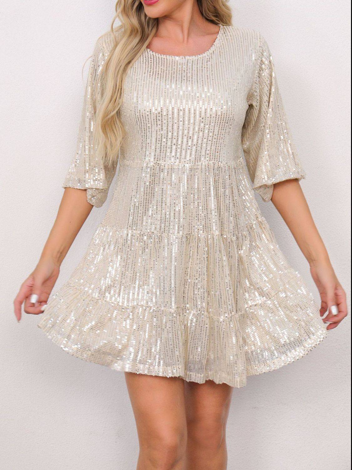 Sequin Mini Dress | Round Neck and Half Sleeve Sparkle Dress