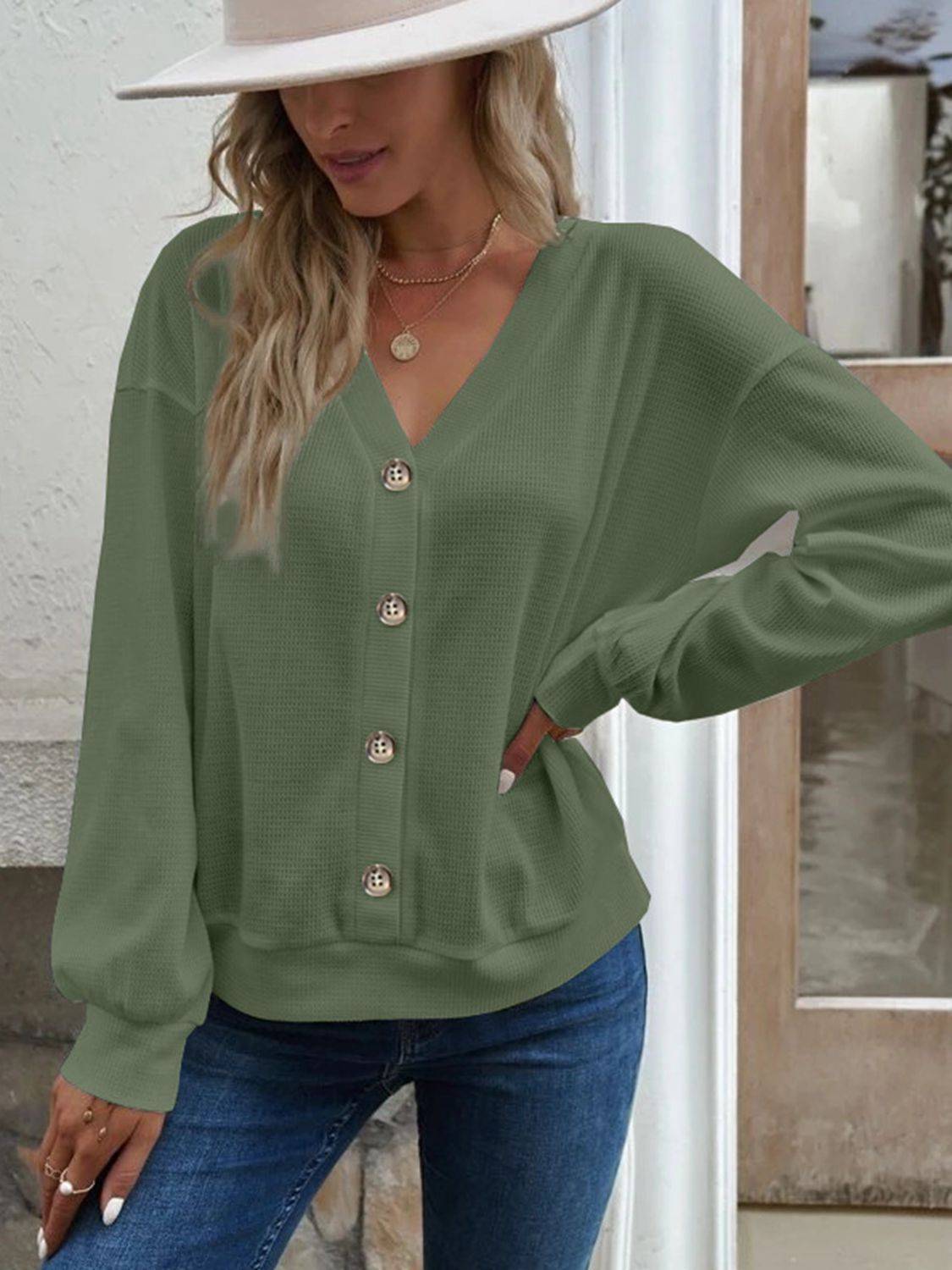 V-Neck Waffle Knit Blouse with Long Sleeves | Casual Everyday Style