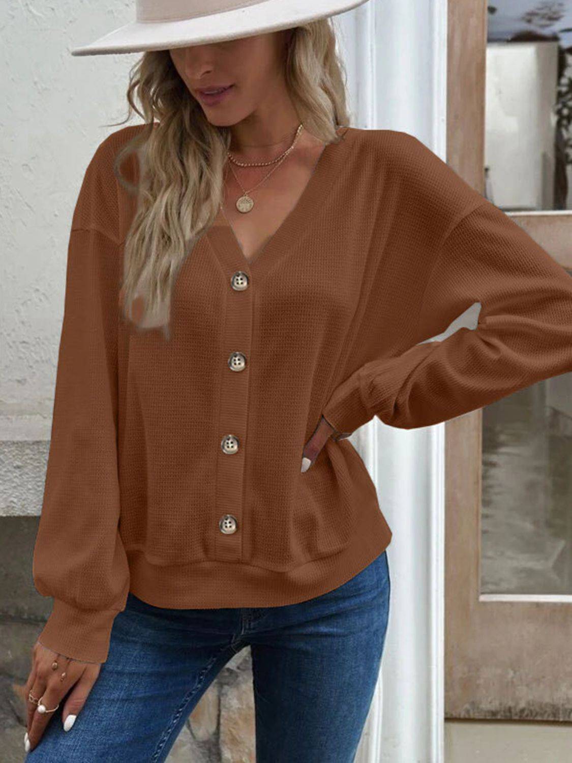 V-Neck Waffle Knit Blouse with Long Sleeves | Casual Everyday Style