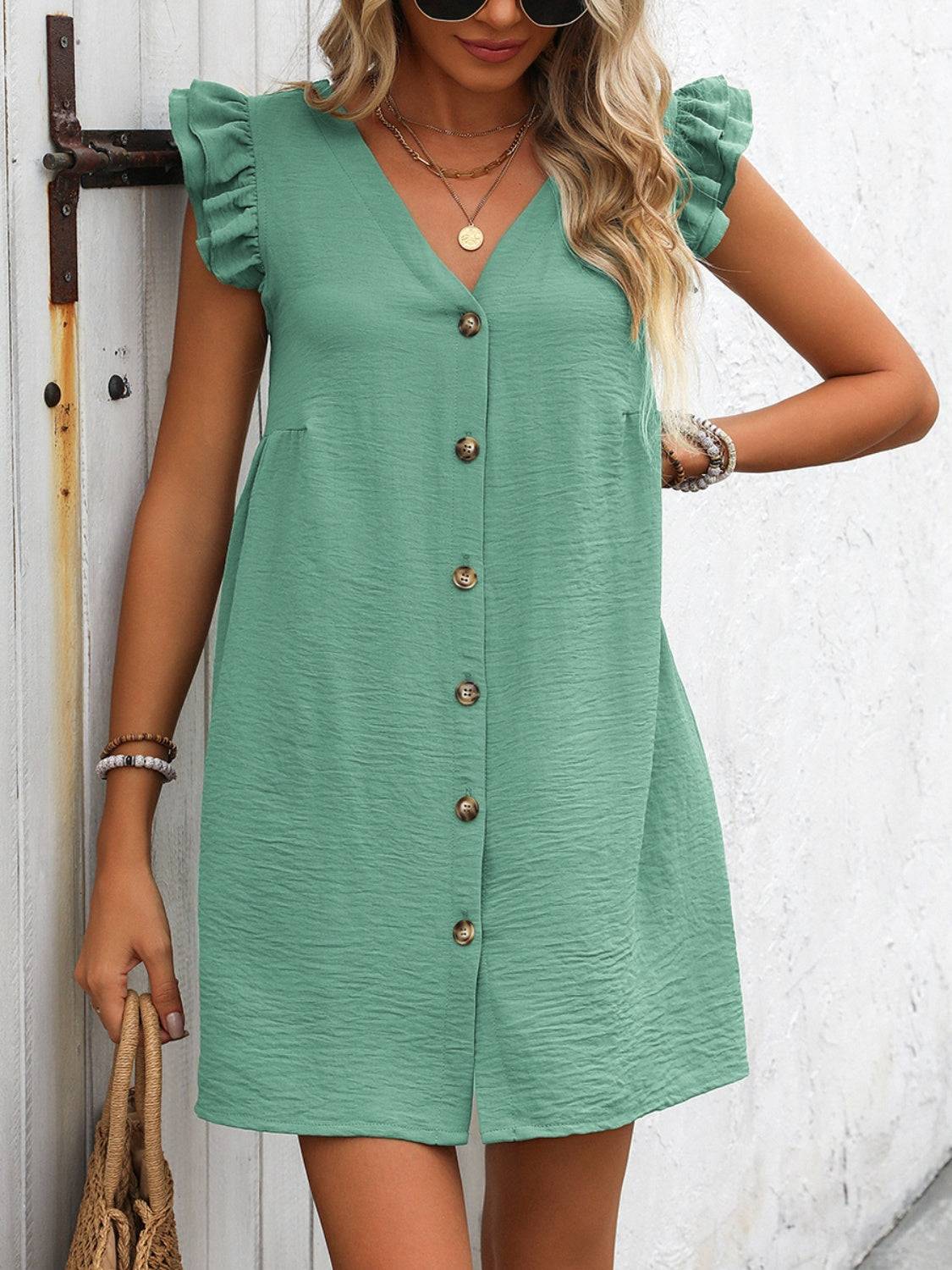 Button Up Mini Dress with V-Neck and Ruffled Sleeves