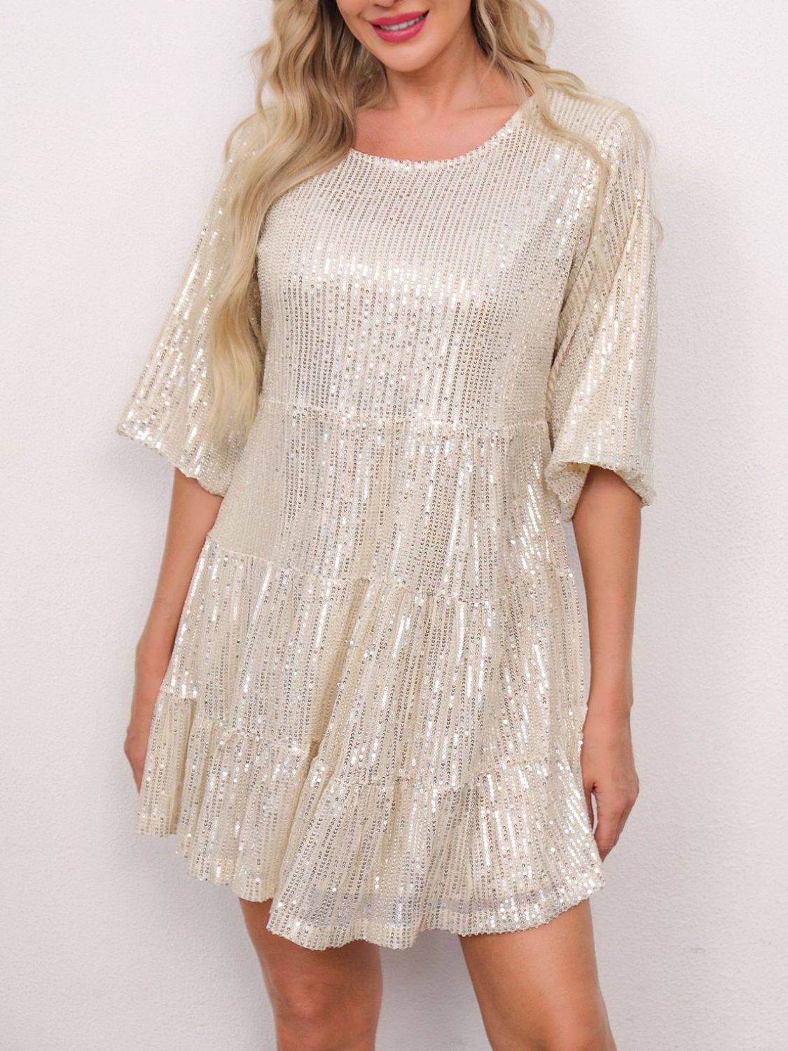 Sequin Mini Dress | Round Neck and Half Sleeve Sparkle Dress