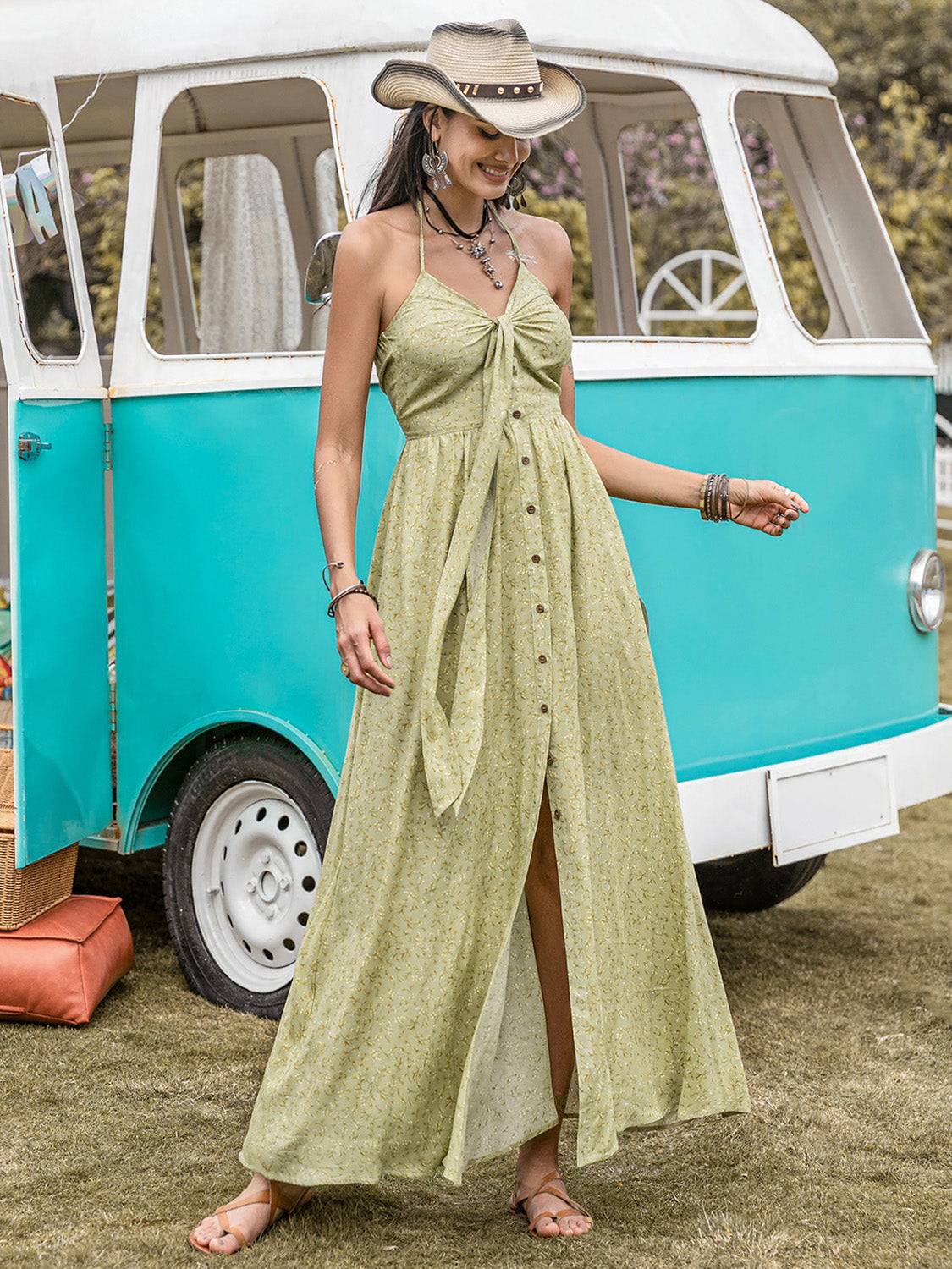Boho Tie-Front Button-Down Halter Maxi Dress