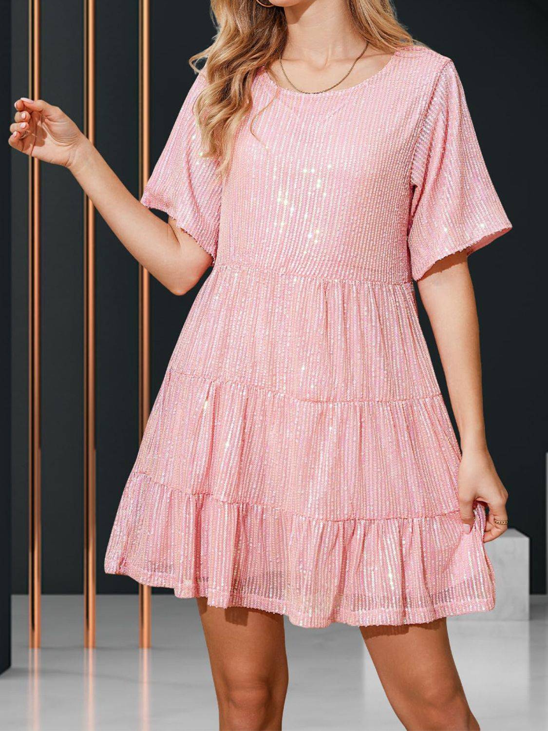 Sequin Mini Dress | Round Neck and Half Sleeve Sparkle Dress