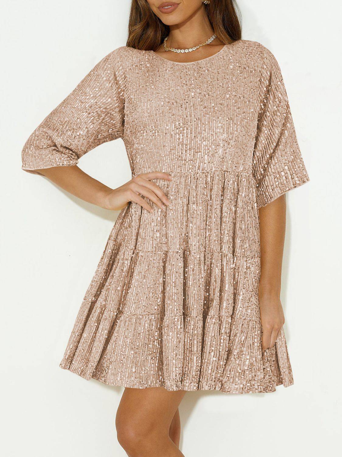 Sequin Mini Dress | Round Neck and Half Sleeve Sparkle Dress