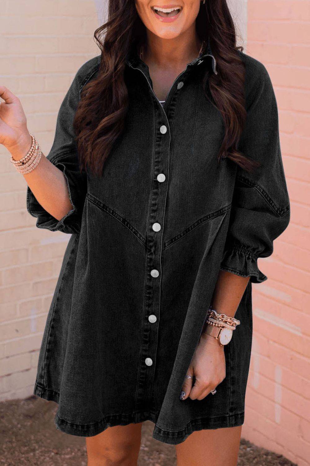 Distressed Denim Dress with Flounce Sleeves | Timeless Casual Elegance