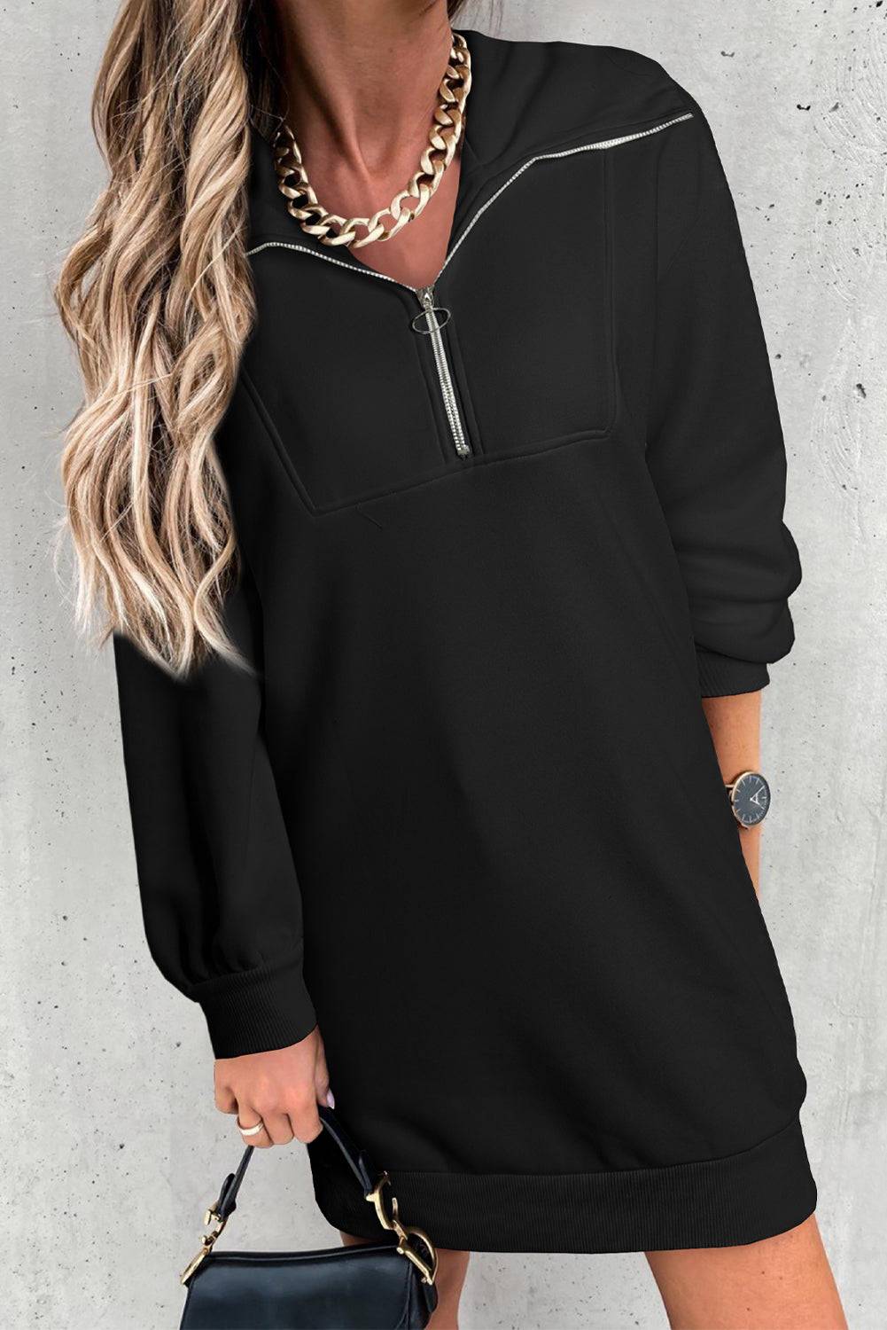 Upgrade your casual style with the Half Zip Sweatshirt Dress, the perfect blend of comfort and chic.