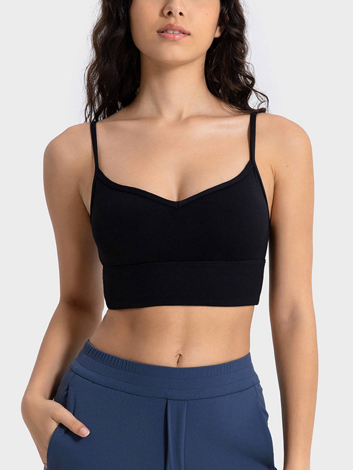 Spaghetti Strap Sports Bra with Customizable Padding