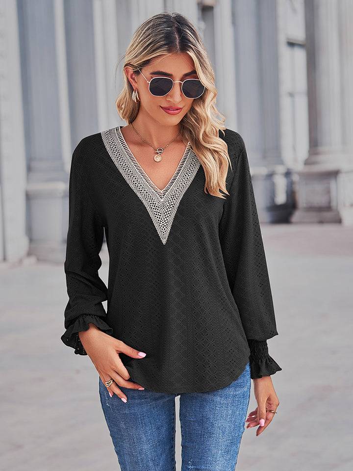 V-Neck Eyelet Blouse | Feminine Elegance with Flounce Sleeves