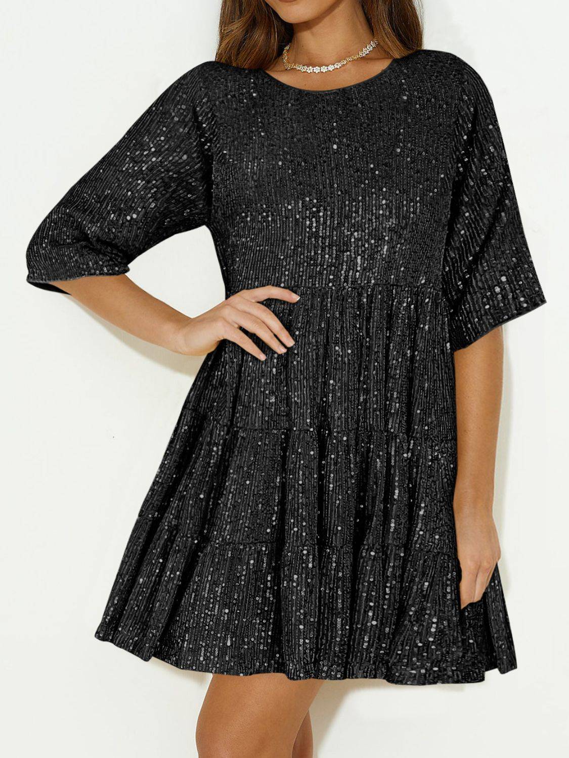 Sequin Mini Dress | Round Neck and Half Sleeve Sparkle Dress