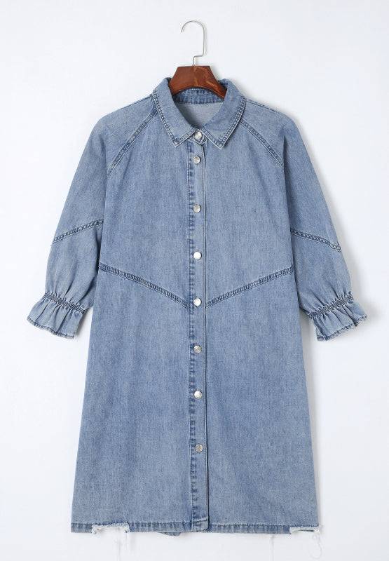 Distressed Denim Dress with Flounce Sleeves | Timeless Casual Elegance