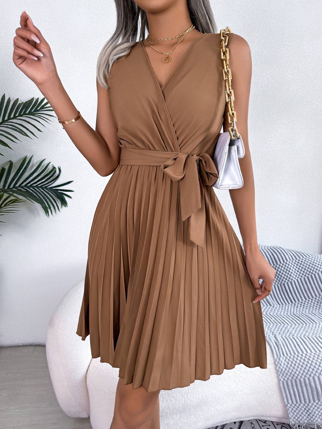 Elegant Pleated Surplice Tie Dress with Flattering Waist