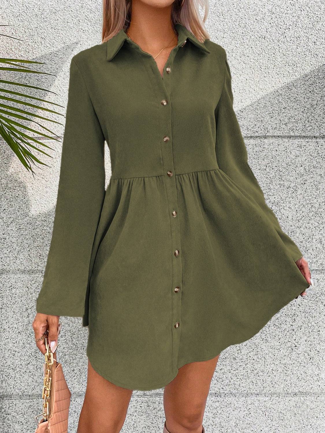 Classic Button-Up Collared Dress with Rolled Sleeves