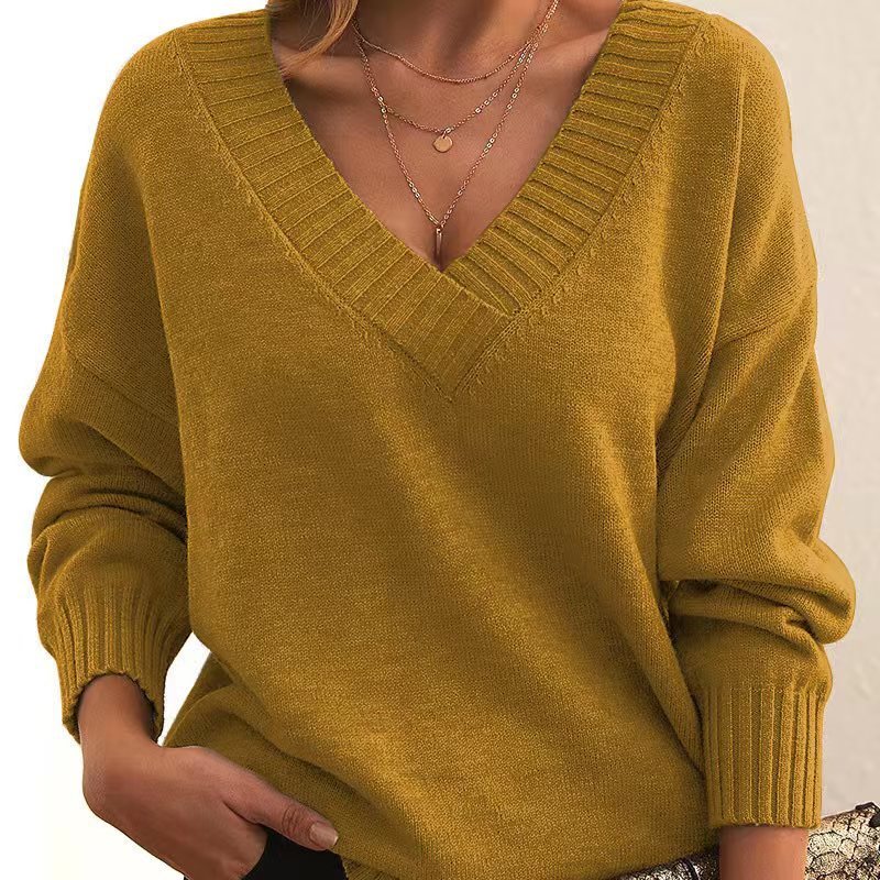Solid V-neck Sweater Fashion Loose Long-sleeved Knitted Tops Autumn And Winter Women&#39;s Clothing
