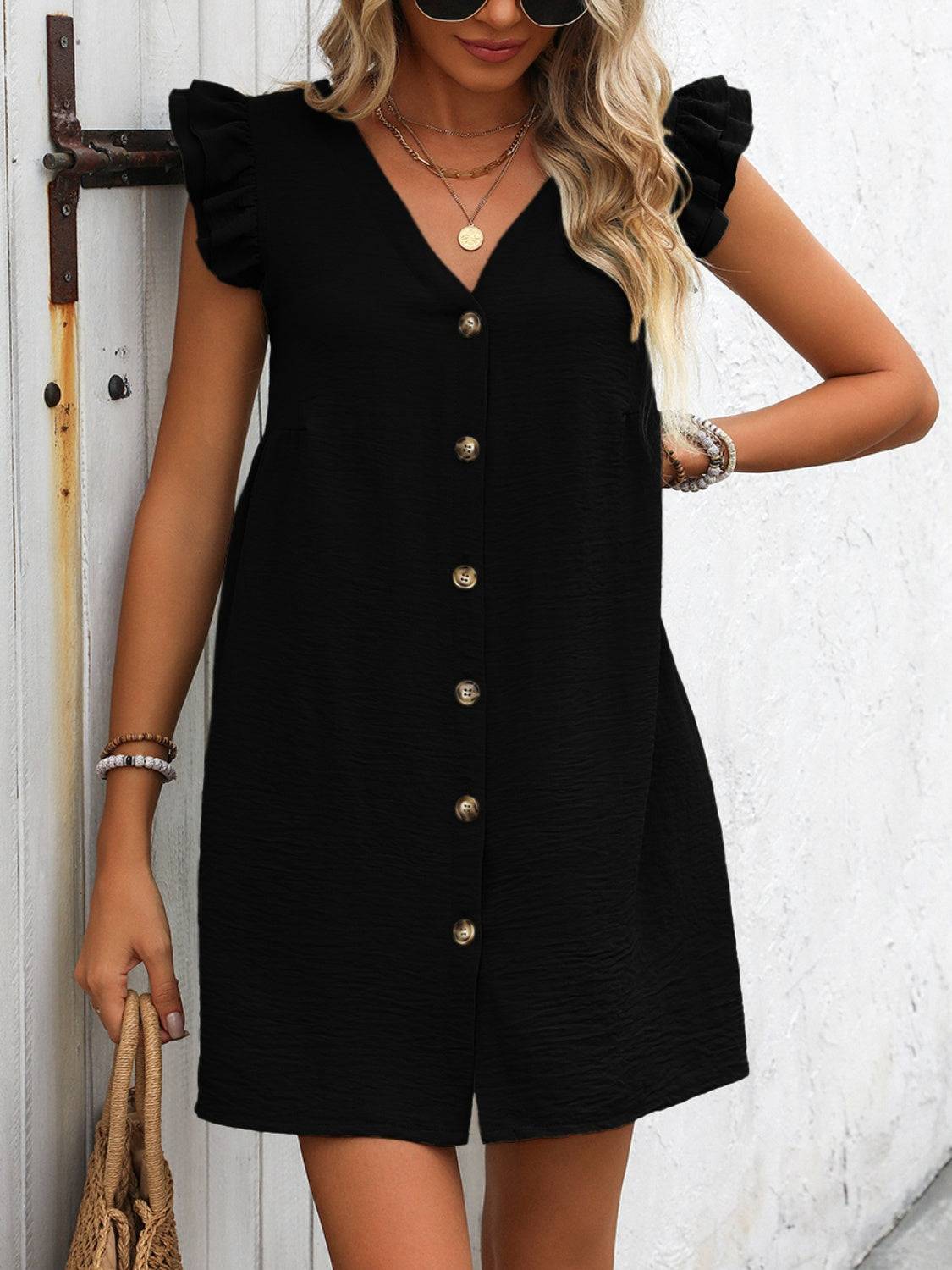 Button Up Mini Dress with V-Neck and Ruffled Sleeves