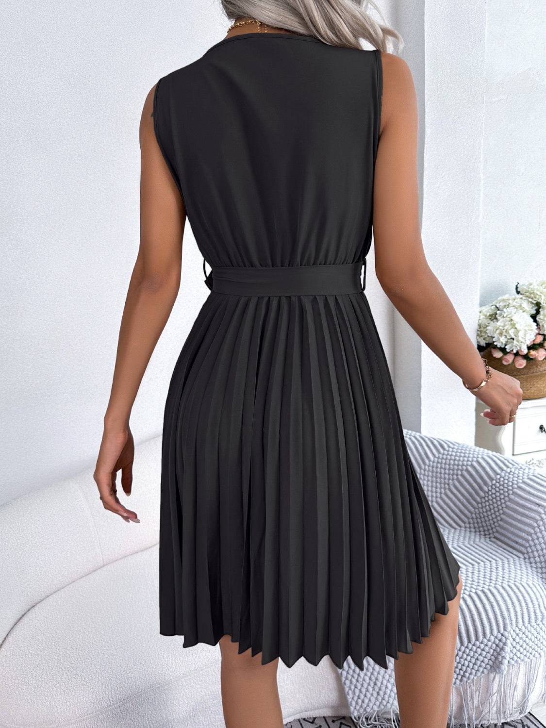 Elegant Pleated Surplice Tie Dress with Flattering Waist