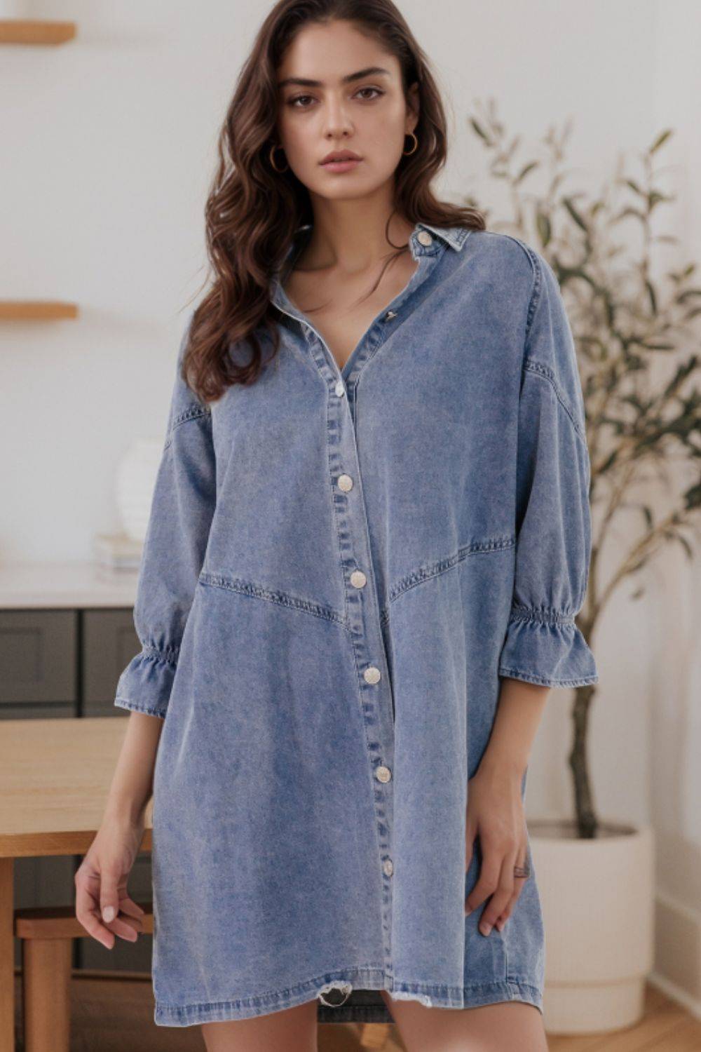 Distressed Denim Dress with Flounce Sleeves | Timeless Casual Elegance