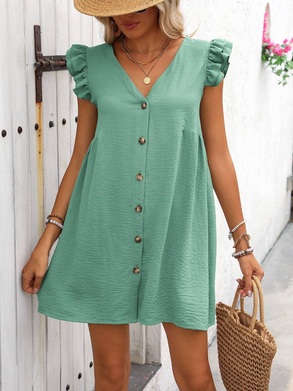 Button Up Mini Dress with V-Neck and Ruffled Sleeves