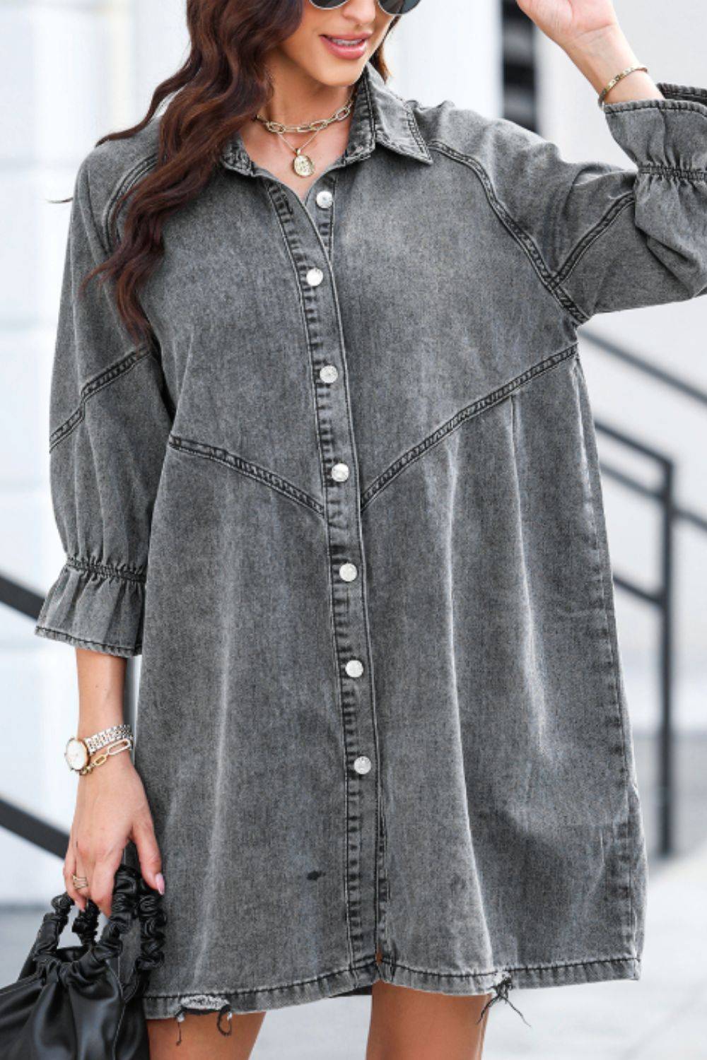 Distressed Denim Dress with Flounce Sleeves | Timeless Casual Elegance
