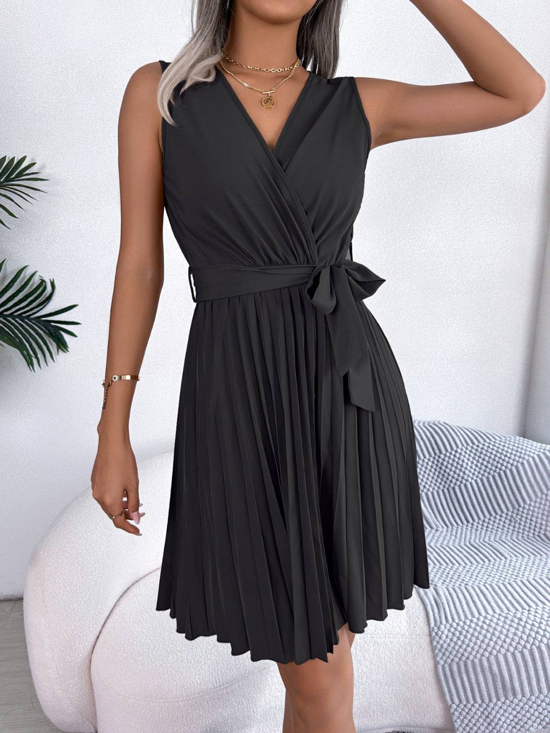 Elegant Pleated Surplice Tie Dress with Flattering Waist