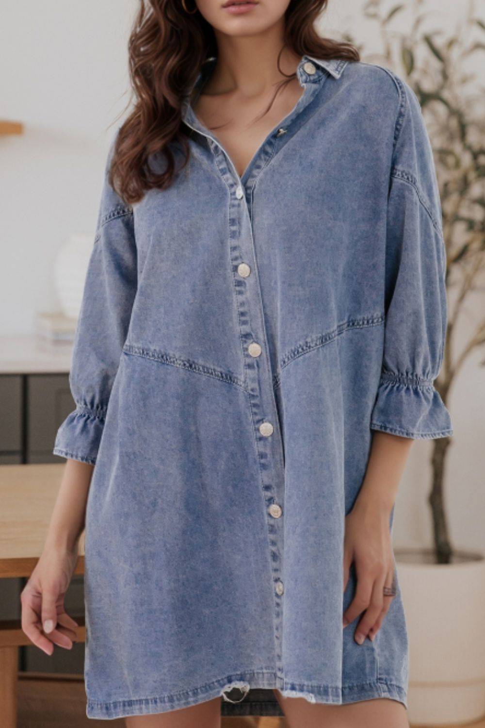 Distressed Denim Dress with Flounce Sleeves | Timeless Casual Elegance
