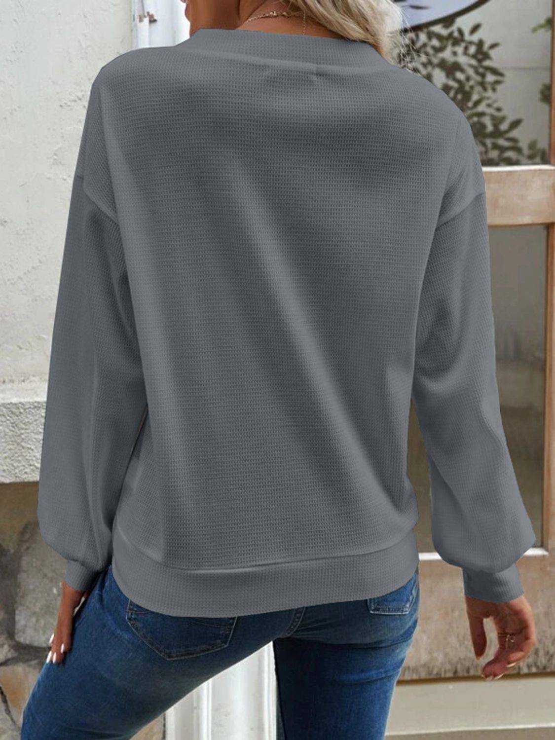 V-Neck Waffle Knit Blouse with Long Sleeves | Casual Everyday Style