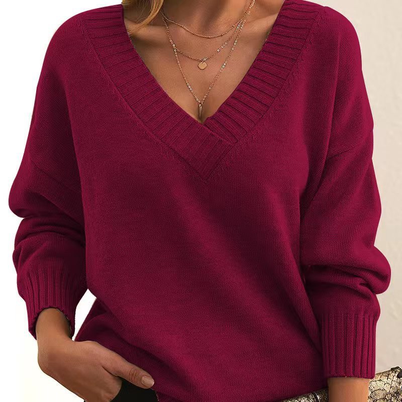 Solid V-neck Sweater Fashion Loose Long-sleeved Knitted Tops Autumn And Winter Women&#39;s Clothing
