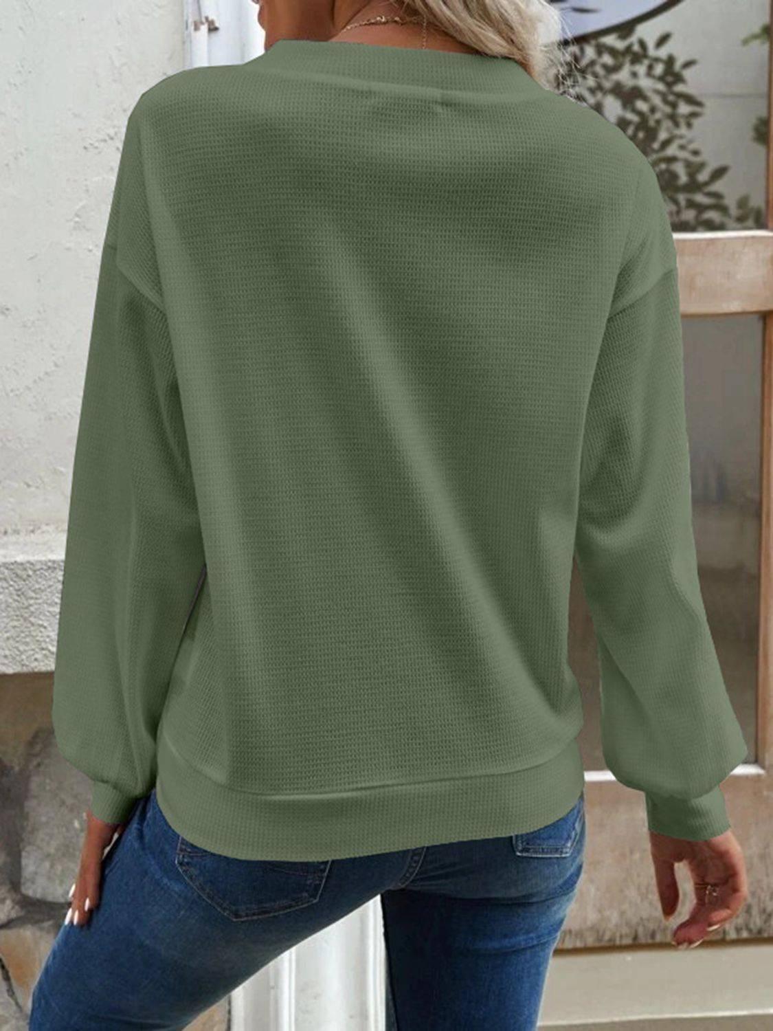 V-Neck Waffle Knit Blouse with Long Sleeves | Casual Everyday Style