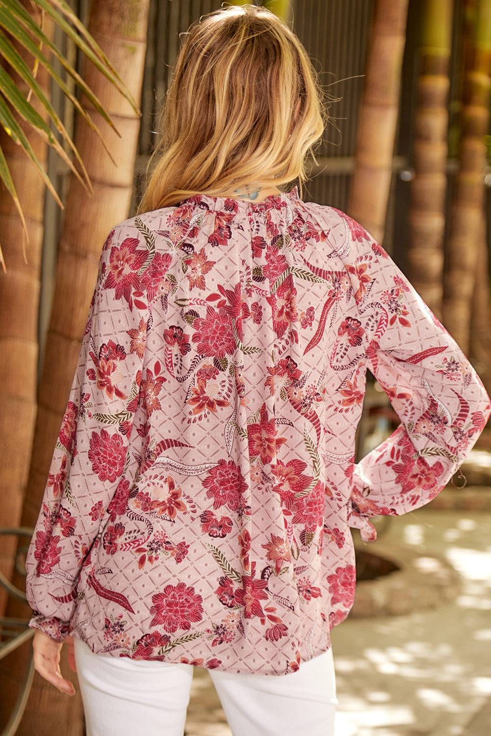 Floral Tie Neck Blouse with Flounce Sleeves | Timeless Style