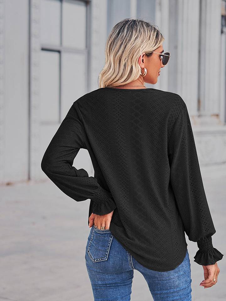 V-Neck Eyelet Blouse | Feminine Elegance with Flounce Sleeves
