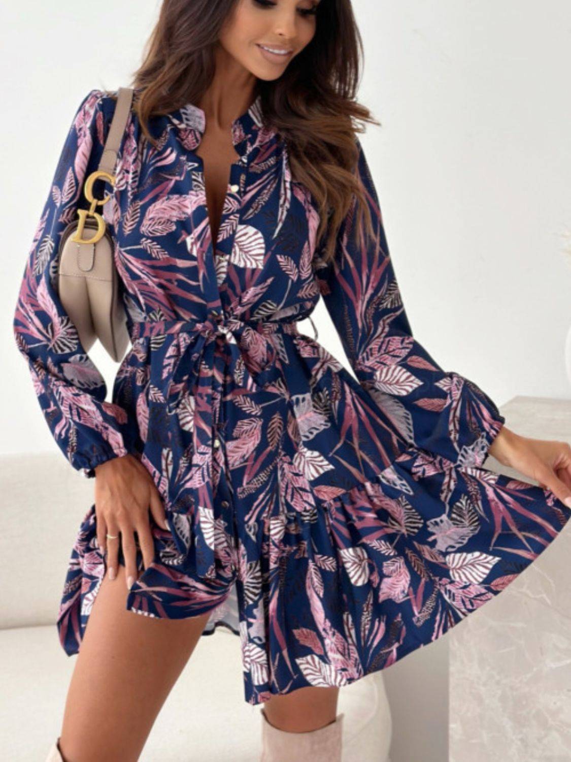 Ruffle Hem Floral Dress with Button Front Elegance