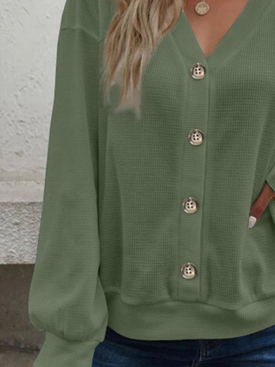 V-Neck Waffle Knit Blouse with Long Sleeves | Casual Everyday Style