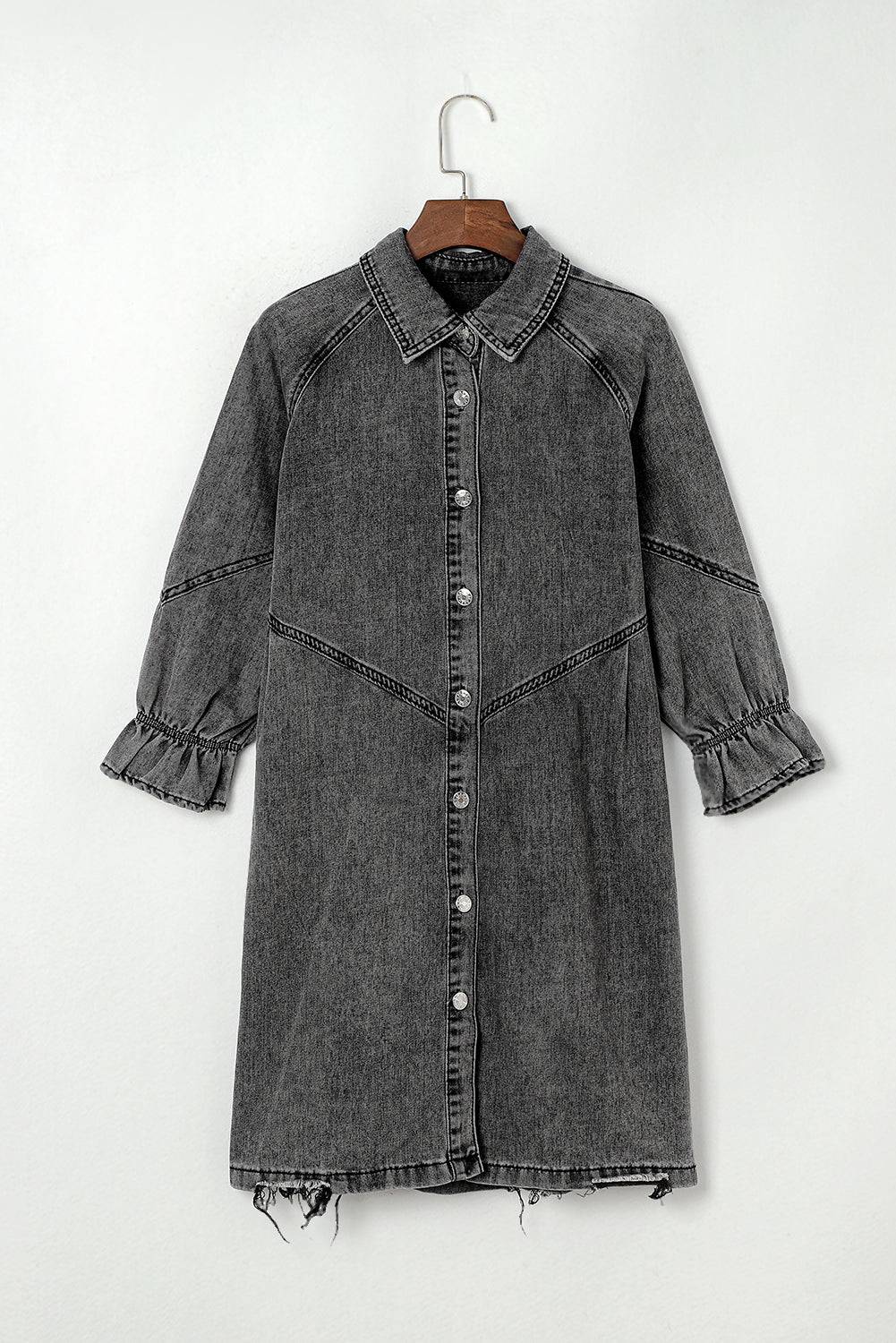 Distressed Denim Dress with Flounce Sleeves | Timeless Casual Elegance