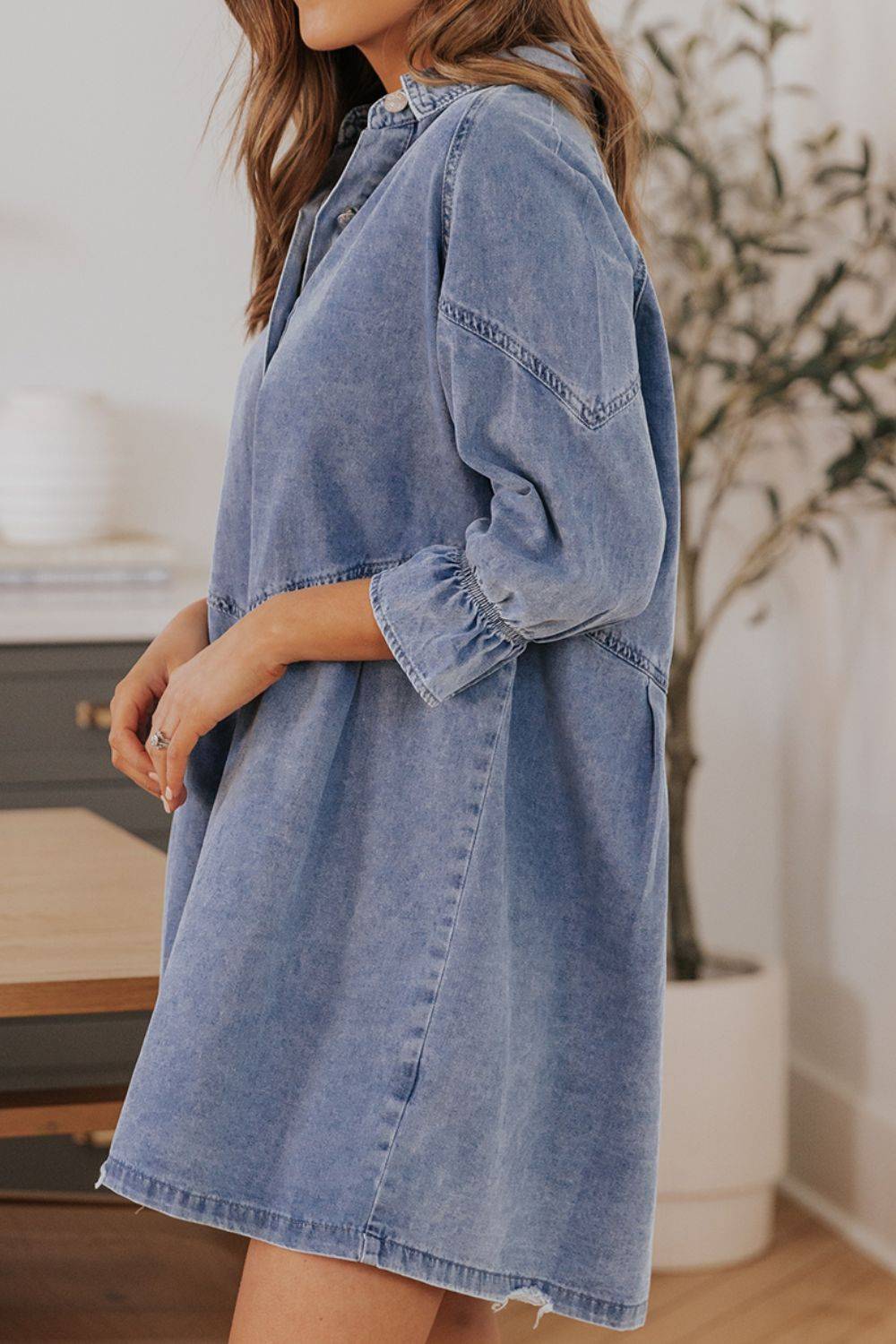 Distressed Denim Dress with Flounce Sleeves | Timeless Casual Elegance