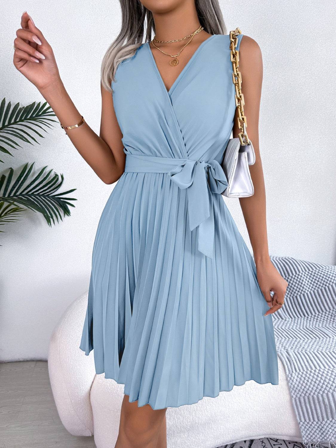 Elegant Pleated Surplice Tie Dress with Flattering Waist