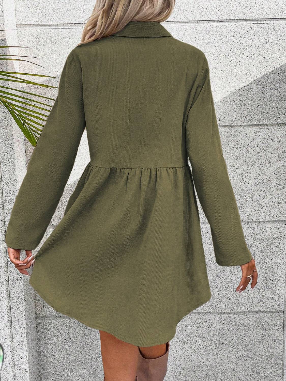 Classic Button-Up Collared Dress with Rolled Sleeves