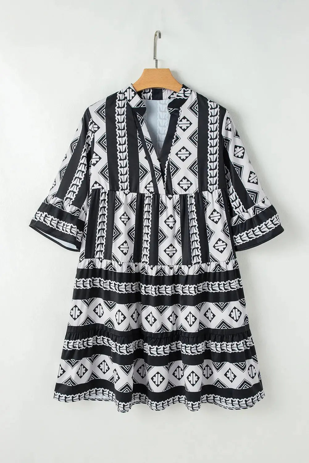 Elegant Tiered Notched Neck Dress with Half Sleeves