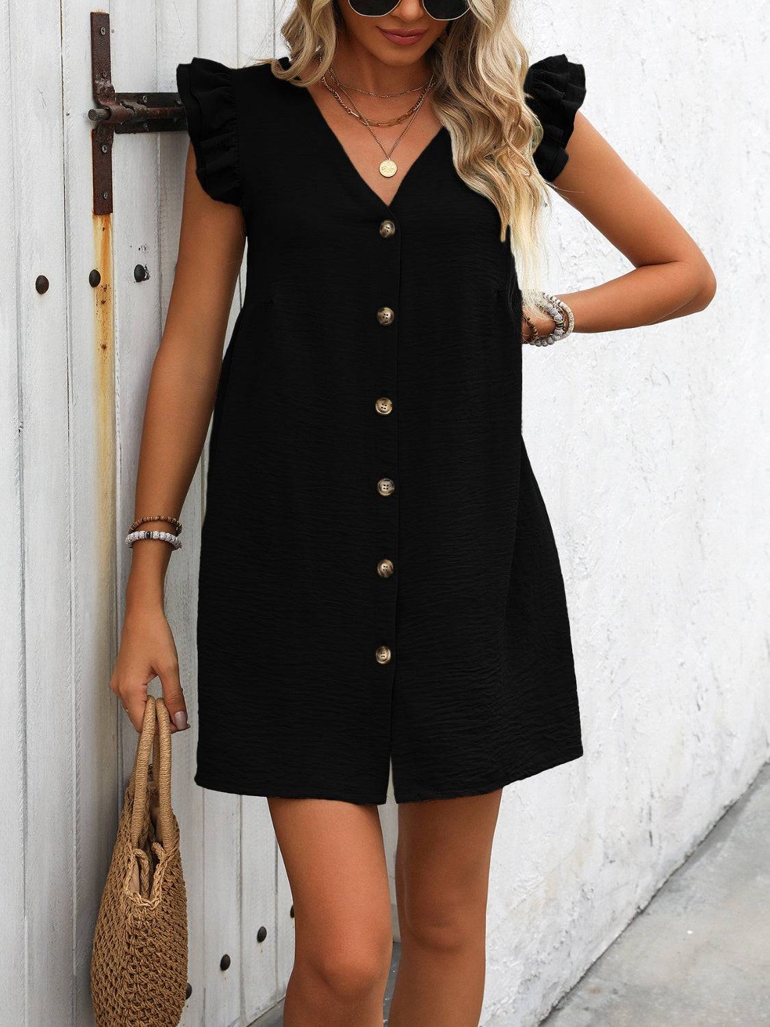 Button Up Mini Dress with V-Neck and Ruffled Sleeves