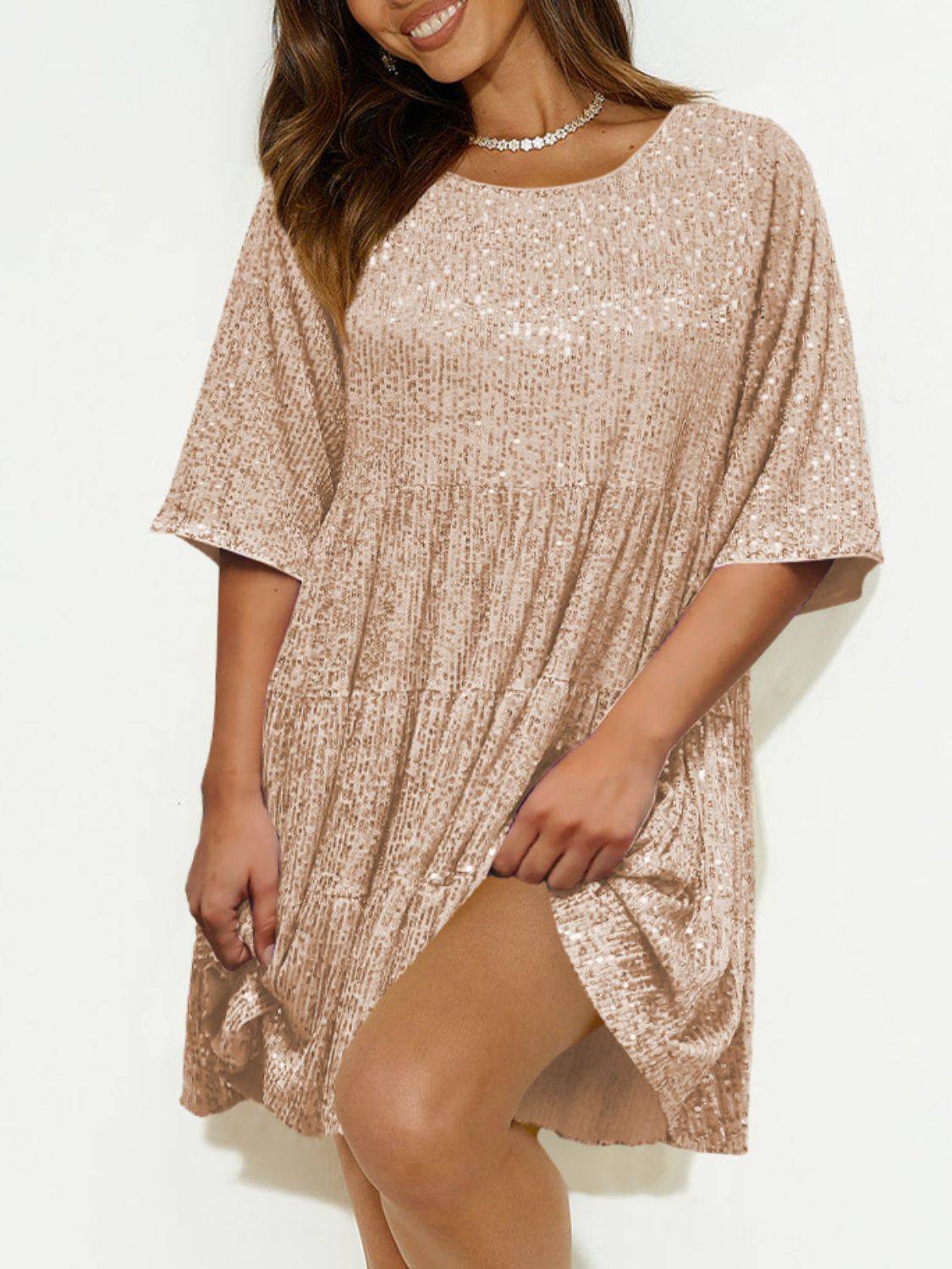Sequin Mini Dress | Round Neck and Half Sleeve Sparkle Dress