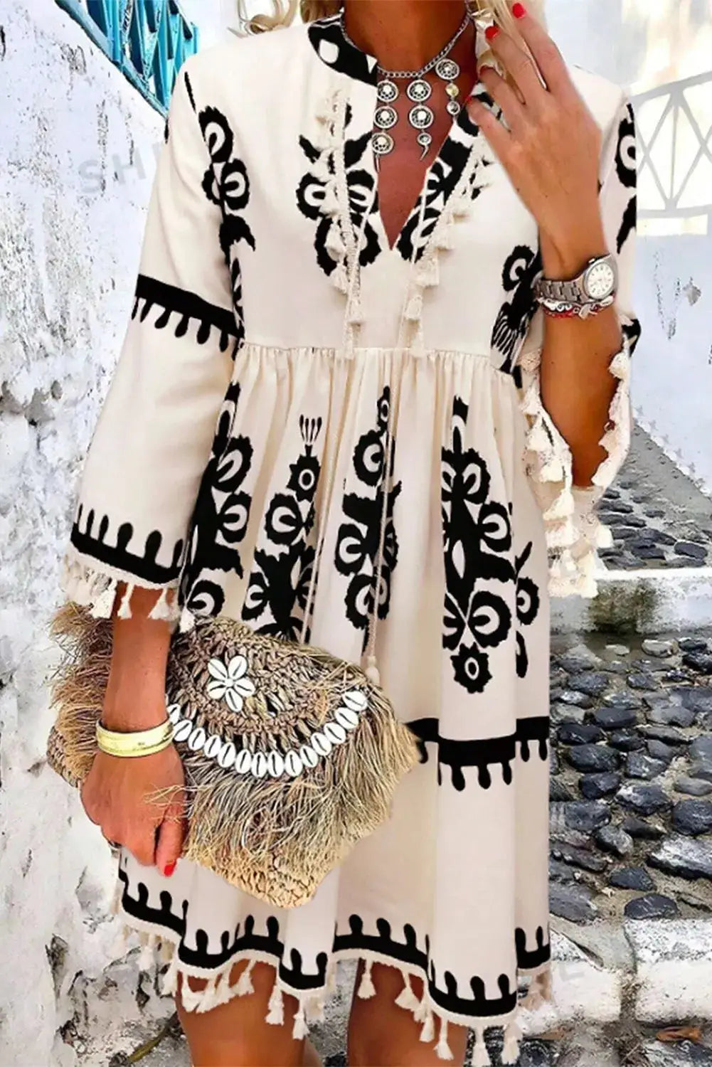 Effortlessly Chic Boho Tassel Mini Dress with Three-Quarter Sleeves